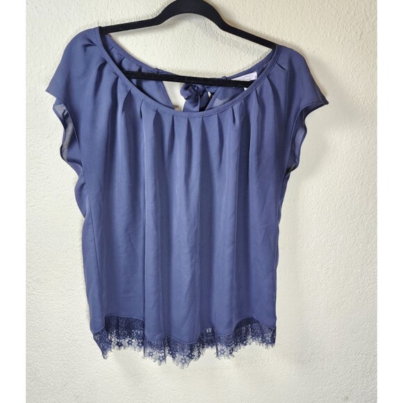 LC Lauren Conrad Top Medium Slate Blue Pleated Chiffon Lace Hem Tie Back Blouse - Picture 1 of 9